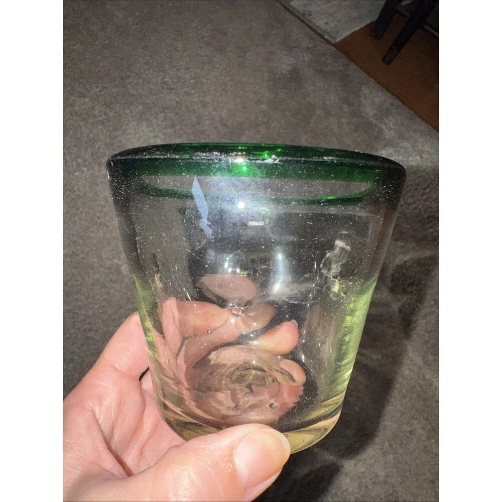 Set 2 Hand Blown Vtg Green Rim Mexican Glasses Old Fashion Rocks Margarita 4